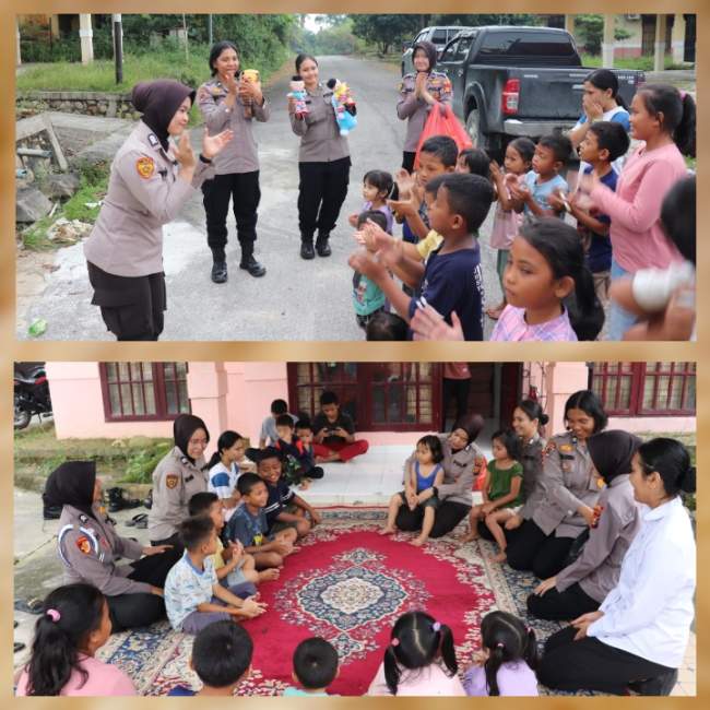 Kapolres Pelalawan Terjunkan Polwan Lakukan Trauma Healing Untuk Anak- Anak Korban Banjir