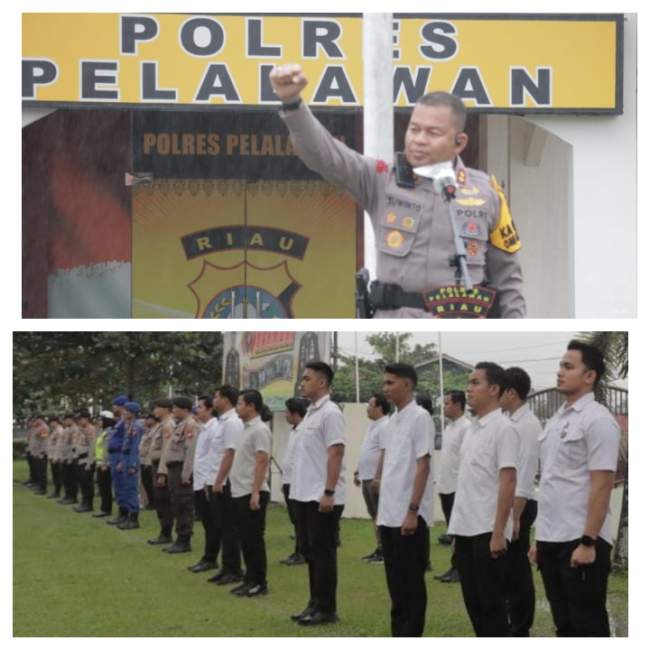 Di Bawah Guyuran Hujan, Kapolres Pelalawan Pimpin Apel Pagi agar Pelayanan Masyarakat Tetap Optimal