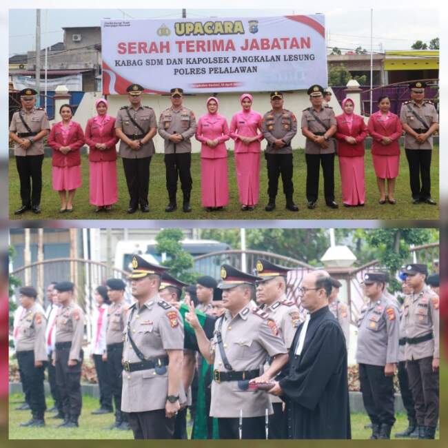 Kapolres Pelalawan Pimpin Upacara Sertijab Kabag SDM dan Kapolsek Pangkalan Lesung
