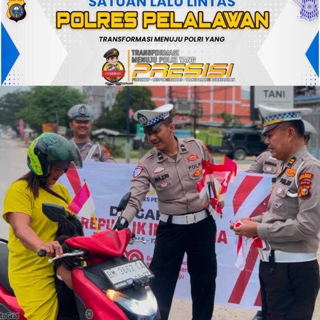 Polres Pelalawan Gelar “Gerakan Polantas Menyapa”, Bagikan dan Pasang Bendera Merah Putih untuk Pengguna Jalan